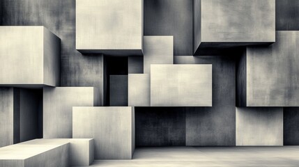 Geometric abstract art with overlapping 3D cubes in grayscale tones, AI