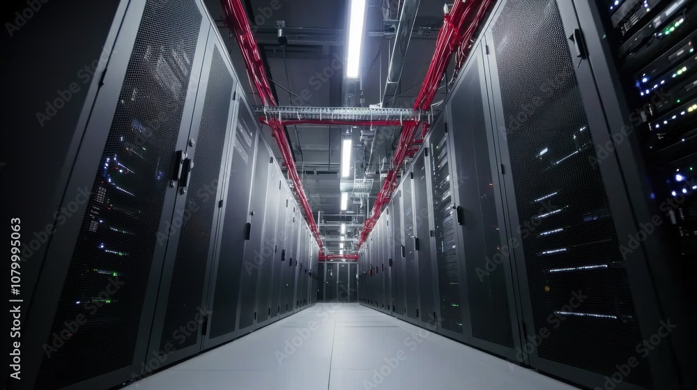 Poster modern data center with server racks and cables