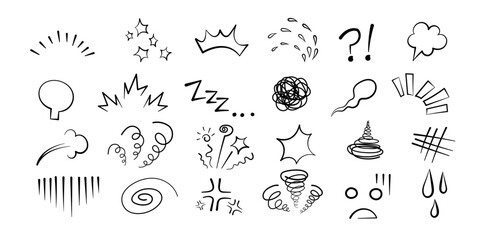 Manga or anime comic emoticon element graphic effects hand drawn doodle vector illustration set isolated on white background. Line style manga doodle line expression scribble anime mark collection.
