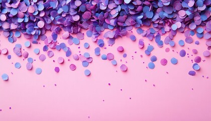 Obraz premium Purple and blue confetti on pink background, with copy space.