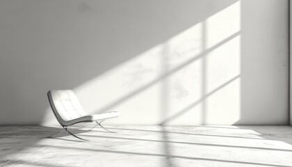 Fototapeta premium A white leather armchair sits in a minimalist room with a large window, bathed in sunlight.