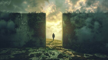 Fototapeta premium A Man Walking Through a Gap in the Wall