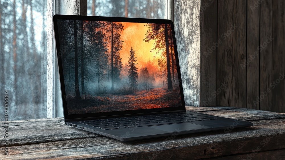 Poster laptop displaying a forest scene on a wooden table by a window.