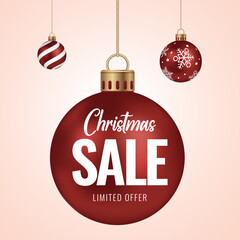 Discount and price tags on paper. Christmas Mega Sale Offer Badge and Sale Hanging for Christmas sale concept. Xmas Sale design on christmas ball.  
