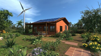 Fototapeta premium Sustainable Home with Solar Panels and Wind Turbine