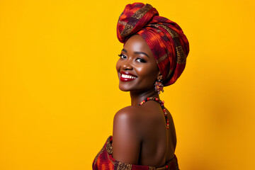 Vibrant 40s African woman in traditional attire, smiling radiantly. Portrait on solid bright yellow background. Ideal for cultural festivals, travel agencies, fair trade products