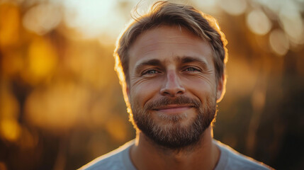 Obraz premium Smiling man with positive mindset against warm bokeh background in nature