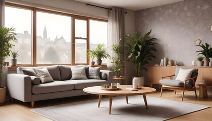 Scandinavian living room interior design zoom background,Doodle patterned wallpaper graphics