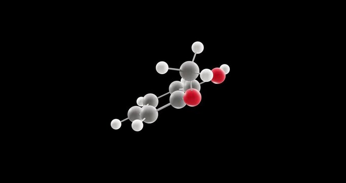 Guaiacol molecule, rotating 3D model of phenolic compound, looped video on a black background