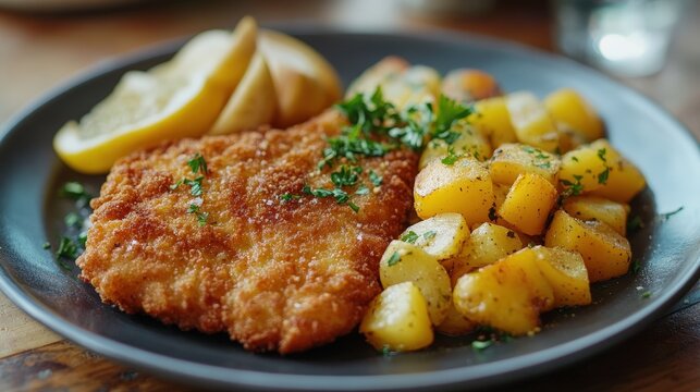 A delicious plate of crispy fried chicken served with golden roasted potatoes and fresh lemon wedges for a flavorful meal.