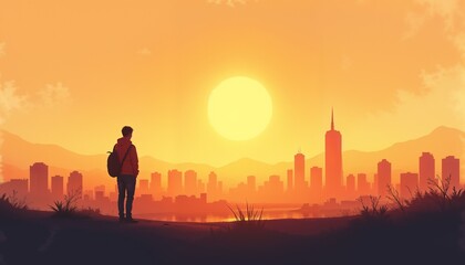 Fototapeta premium Silhouetted young man watching sunset over city skyline