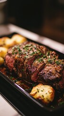 A delicious roast beef served with golden potatoes, garnished with fresh herbs, perfect for a hearty meal.