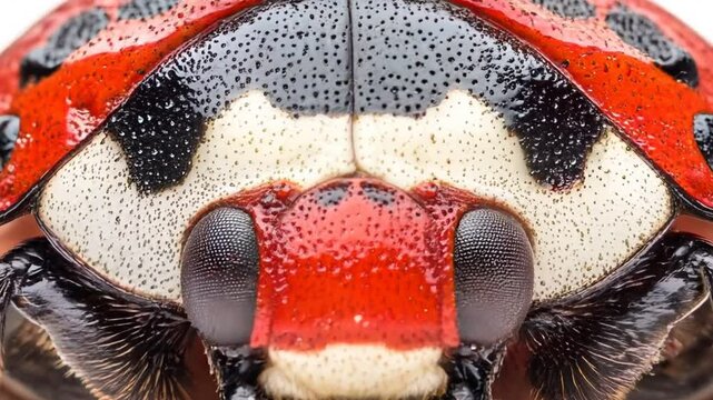 Ladybird beetle with bright red shell and distinct spots, isolated on white.