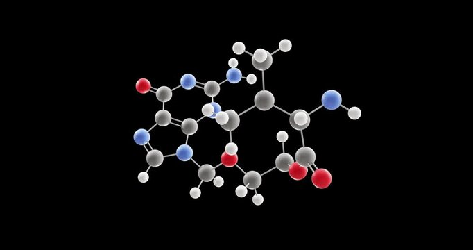 Valaciclovir molecule, rotating 3D model of valacyclovir, looped video on a black background