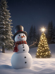 Fototapeta premium snowman with christmas tree and gifts