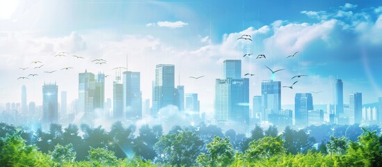 Cityscape with Green Trees and Birds in the Sky