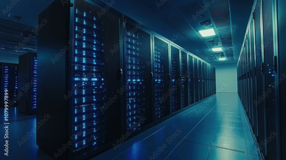 Poster data center with rows of server racks illuminated blue