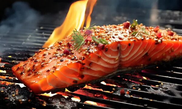 sear salmon fillet with spice and salt background