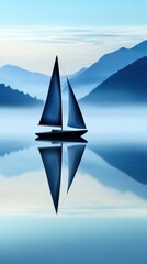Sailboat gliding on serene lake with misty mountain backdrop, AI