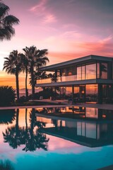 A sleek, modern villa with large glass windows, an infinity pool reflecting the sunset, and ambient outdoor lighting, surrounded by palm trees. 