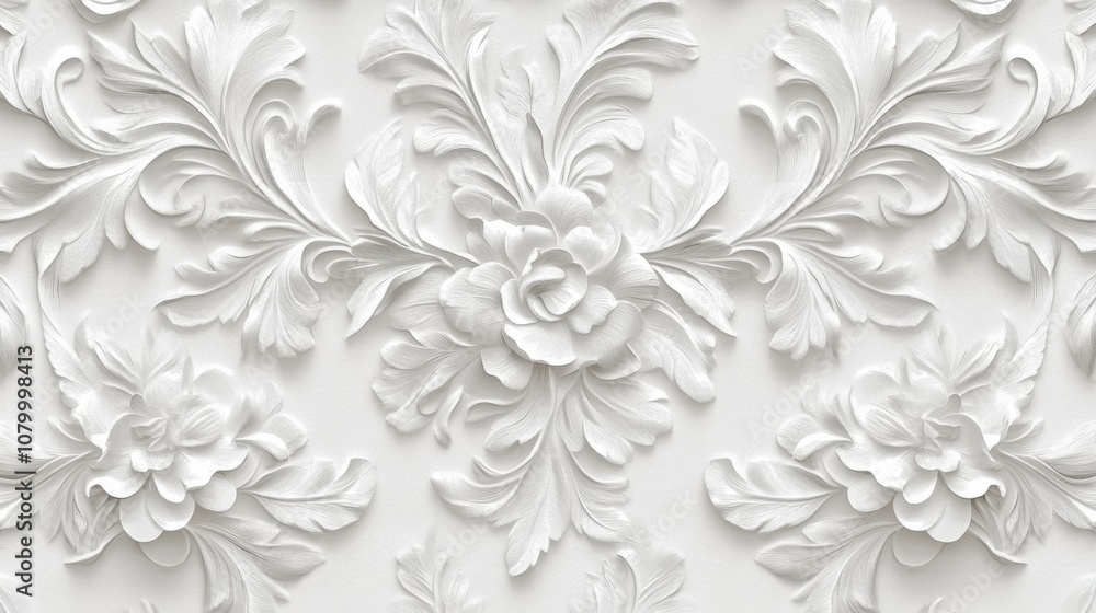 Poster close-up of intricate floral pattern on white wall with layered leaves and flowers in symmetrical ar