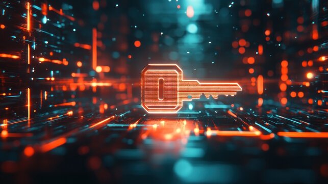 Abstract digital key in glowing network matrix setting