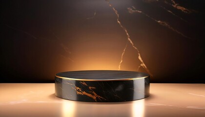 Luxurious Marble Podium A striking 3D rendering of a sleek, black marble platform bathed in warm, golden light