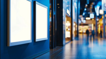 Empty White Frames on Blue-Walled Mall Corridor with Tiled Floor, Low Angle View of Busy Shopping Center Environment