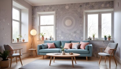 Fototapeta premium Scandinavian living room interior design zoom background,Doodle patterned wallpaper graphics