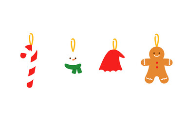 christmas ornament decoration with candy cane, snowman, santa hat and gingerbread man illustration