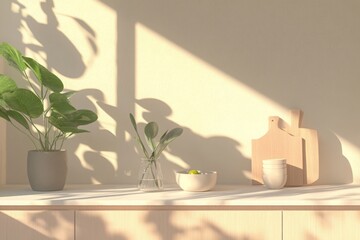 Serene Minimalist Dining Shelf with Shadows and Greenery