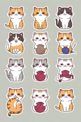 Cute Cartoon Cats Illustration: A Collection of Adorable Feline Stickers Featuring Playful Poses and Yarn Balls
