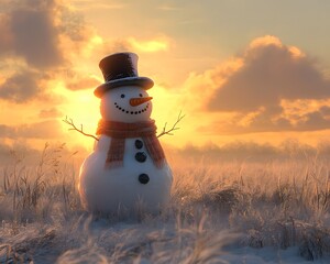 A cheerful snowman stands in a snowy landscape at sunset, wearing a classic black hat and orange carrot nose. The warm glow of the sun creates a magical winter atmosphere.