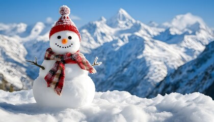 Naklejka premium A cheerful snowman stands in a winter wonderland, surrounded by majestic snow-capped mountains under a clear blue sky. This picturesque scene captures the joy of the snowy season.