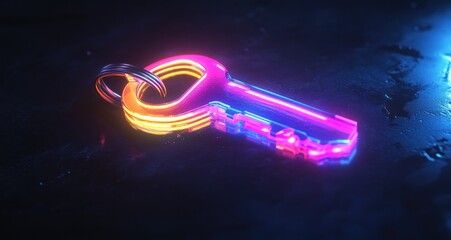 Neon multicolored key glowing in dark digital art style