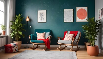 Scandinavian living room interior design zoom background,Doodle patterned wallpaper graphics