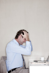 Business, headache and laptop with mature man in office for administration or reporting stress....