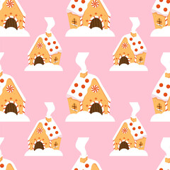 Seamless pattern with gingerbread houses