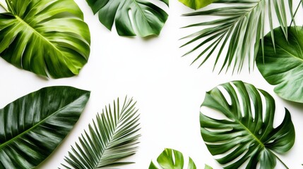Vibrant tropical leaves arranged in circular flat lay on white background, diverse sizes and shapes in lush green hues.