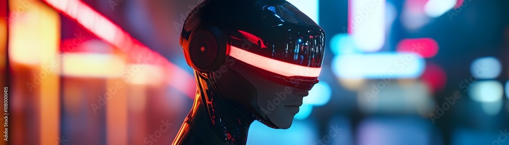 Poster a futuristic robotic figure with sleek design and illuminated features stands in a vibrant urban set