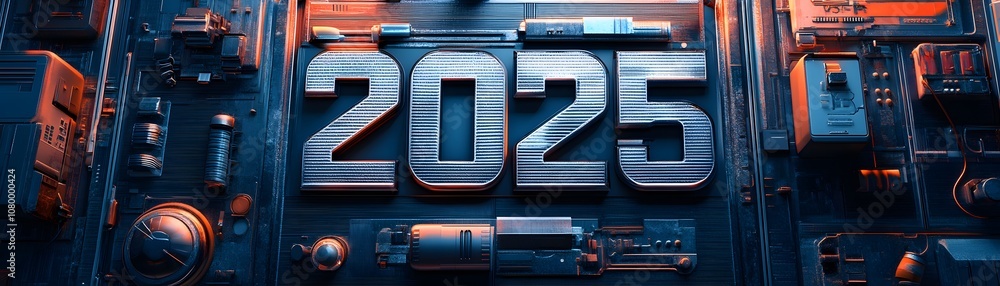 Poster a futuristic representation of the year 2025 with vibrant colors and modern design elements. ideal f