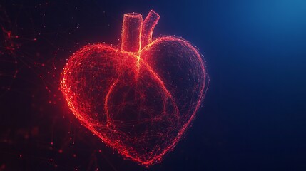 Neon glowing human heart wireframe in low poly style, ai generated 3d digital art illustration