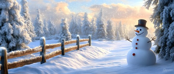 Fototapeta premium A serene winter landscape featuring a cheerful snowman next to a wooden fence, surrounded by snow-covered trees under a bright sky. Perfect for holiday themes and winter joy.