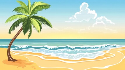 Fototapeta premium A serene beach scene with a palm tree, ocean waves, and a bright sky.