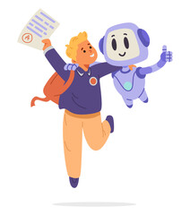 Happy school boy embracing Ai bot celebrating success in education. Artificial intelligence in education concept flat vector illustration isolated on white.