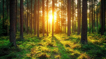 Obraz premium Serene Forest with Bright Sunlight Through Trees