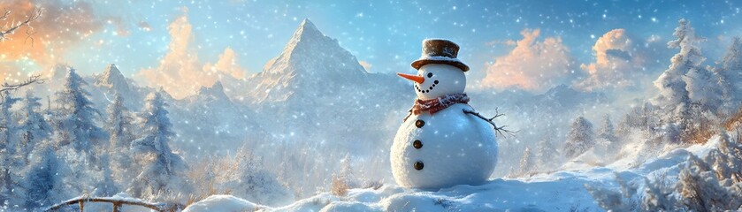Obraz premium A whimsical snowman stands proudly in a serene winter landscape, surrounded by glistening snow and majestic mountains under a golden sunrise, capturing the essence of cold-weather