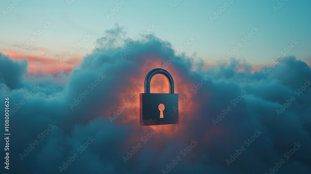 Poster digital security concept with lock in cloud background