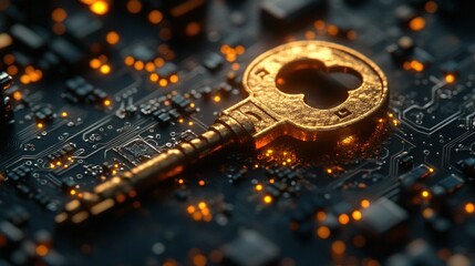Fototapeta premium Old-fashioned key on an intricate circuit board surface