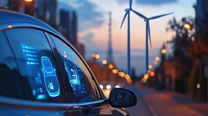 Naklejka premium Futuristic Electric Car Near Wind Turbines at Dusk